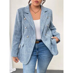 Tweed Double Breasted Blazer Blue Grey Metallic Silver Button Jacket Size L